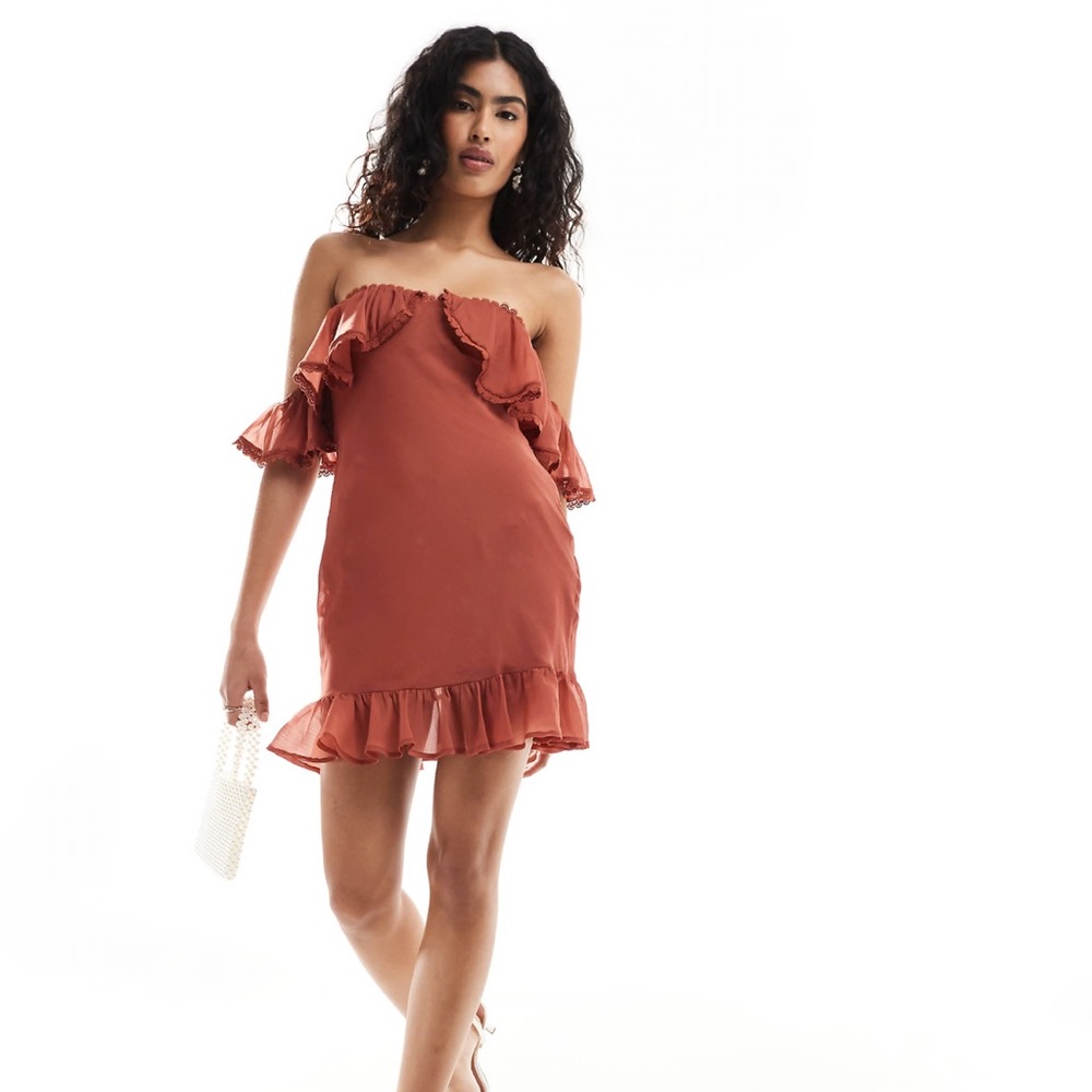 ASOS DESIGN bardot ruffle mini dress with lace insert in rust